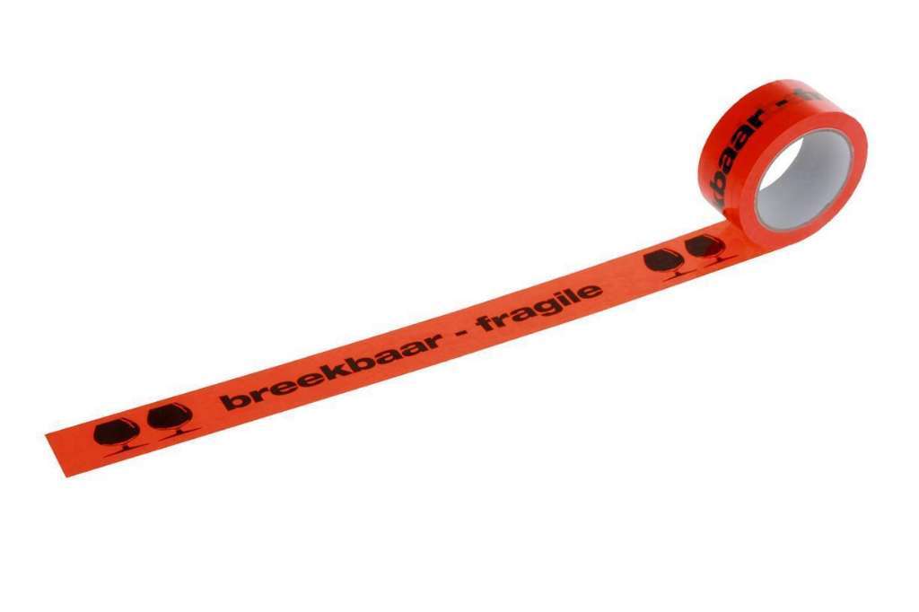 Afbeeldingen van Rol tape 50mm / 66 meter "BREEKBAAR - FRAGILE" fluor oranje